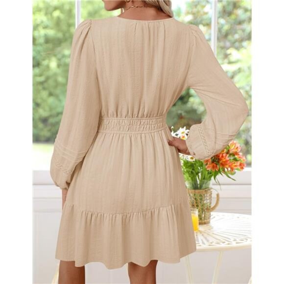 Mini Dress Lightweight V Neck A Line Flowy Swing Beige - Picture 3 of 7